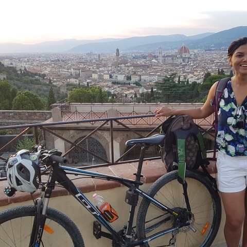 florence views from a hill and a woman smiling