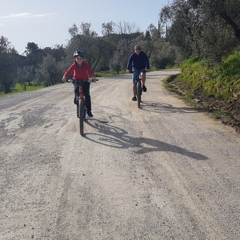 father and son riding bikes